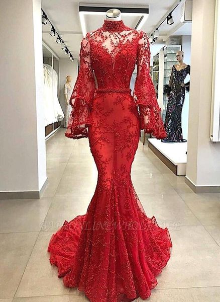 

2019 red high neck lace mermaid long evening dresses flare long sleeves beaded sweep train prom formal party dresses bc08167219175, Black;red