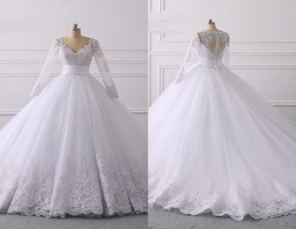 

2022 empire waist wedding dress with poet long sleeves classic vneck lace applique beads sequin ribbon pleated bridal wedding dre8491986, White