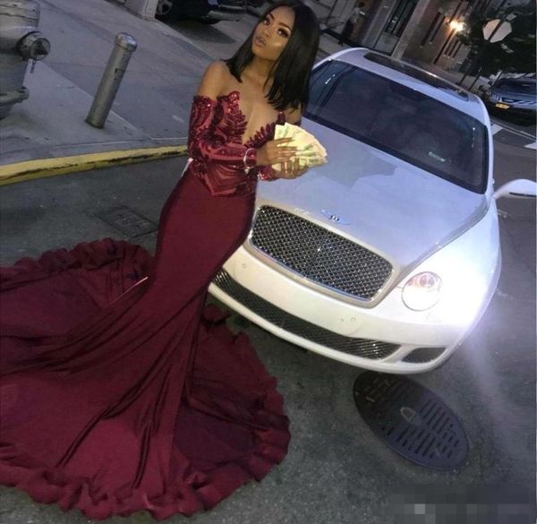 

2019 burgundy long sleeves prom dresses sequins off the shouder sheer neck appliqued sweep train formal occasion party wear6470876, Black