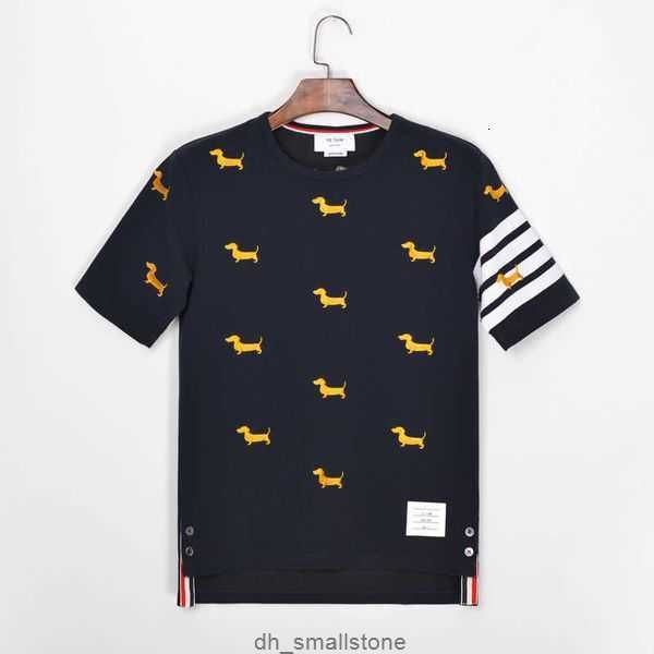 

short sleeve shirt button brand tb summer striped jacquard heavy industry puppy embroidery slim short sleeve t-shirt men's fashion crew, White;black