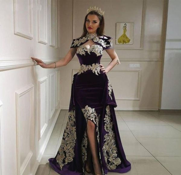 

2020 high neck mermaid 3 pieces evening dresses with overskirt velour gold lace formal dress prom gowns vestido de noiva algerian 3408467, Black