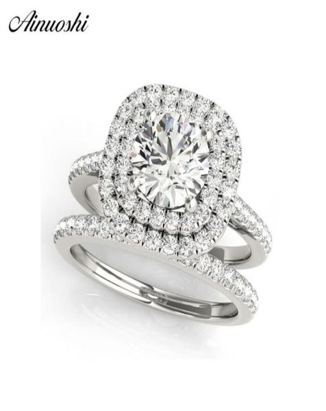 

ainuoshi 925 sterling silver women wedding engagement ring sets double halo 1ct round cut wedding ring sets anillos de plata y20012728688, Slivery;golden