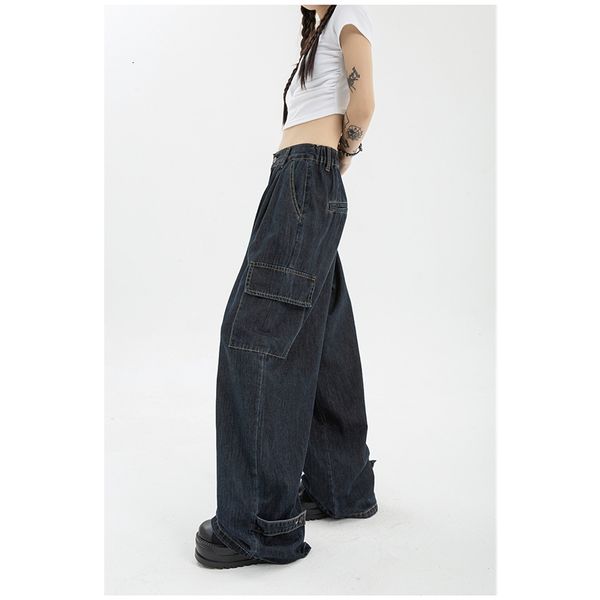 

women s two piece pants blue vintage wide leg jeans fashion baggy high waist straight street mopping denim trouser autumn ladies 230522, White