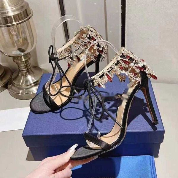 

for heeled high womens satin sandals designer rhinestone studded heel shoe leather sole sandal abnormal 9.5cm heels 64g5, Black