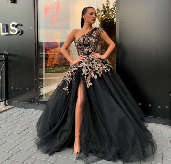 

black beaded side split evening dresses one shoulder flower appliqued prom gowns a line sweep train tulle plus size formal dress5577117, Black;red