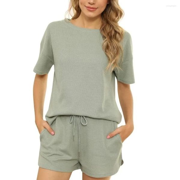 

women's shorts 2023summer beauty's rib short sleeve solid color leisure two piece suit sports pullover t-shirt home wear, White;black