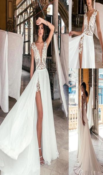 

2020 new deep v neck beach wedding dresses side high slit lace appliqued illusion bodice sweep train bohomian wedding bridal 6926240, White