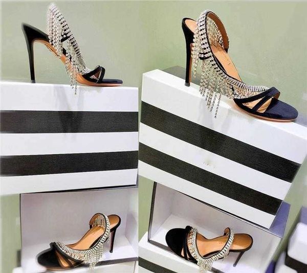

sandals womens luxury brand wild fringe crystal buckle strap high heel 9.5cm cow leather walk suede goatskin shoes size 34-41 cmpl, Black