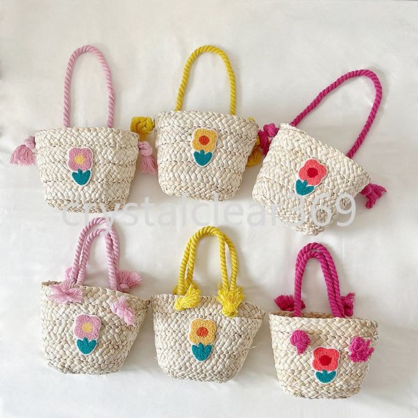 

summer fashion children's straw shoulder bags handwoven girls cute flower handbags flora kids tote purse travel beach rattan bag, White