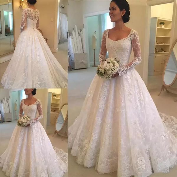

gorgeous a line lace wedding dresses long sleeves scoop neck back buttons ivory appliques formal bridal gowns court train chapel luxury brid, White