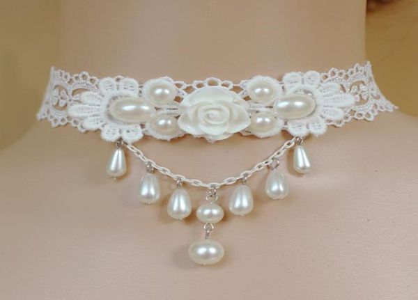 

vintage fashion lace choker faux pearl jewelry necklace for bridal boho handmade adjustable wedding accessories whole9394451, White