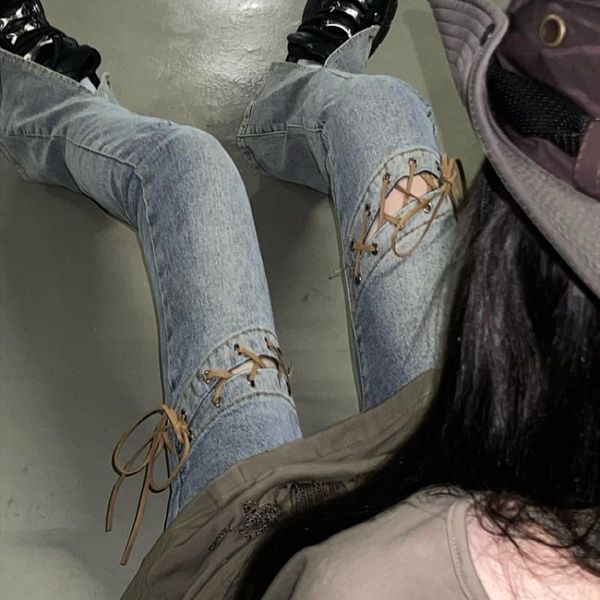 

jeans korean retro hollow laceup split casual jeans women 2022 autumn and winter new streetwear slim fit allmatch flared pants, Blue