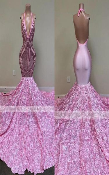 

pink long prom dresses mermaid 2023 black girls sequin backless halter 3d flowers african women formal evening party gowns bc4110201