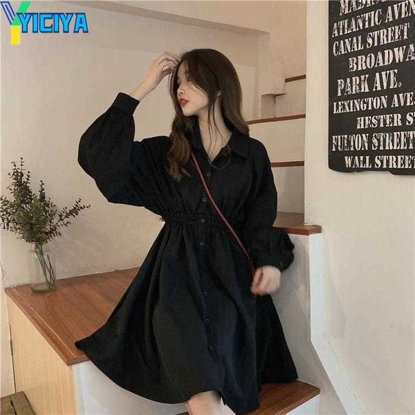 

yiciya casual dresses 2023 shirt dress women korean style polo collar black long sleeve wrap mini solid clothes woman, Black;gray