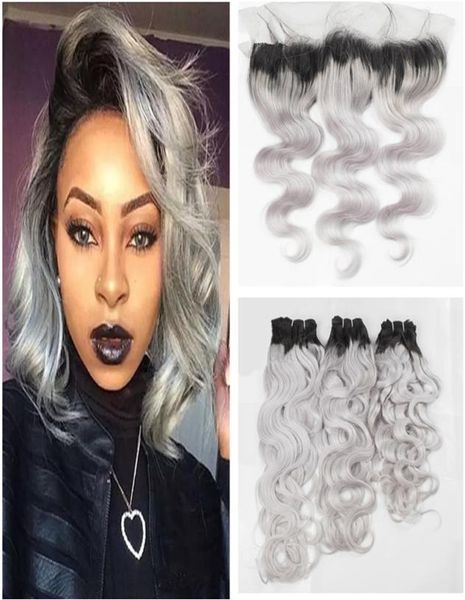 

ombre grey bundles with frontal closure two tone grey bundles brazilian human hair weaves with 13x4 lace frontal wet and wavy virg2030480, Black