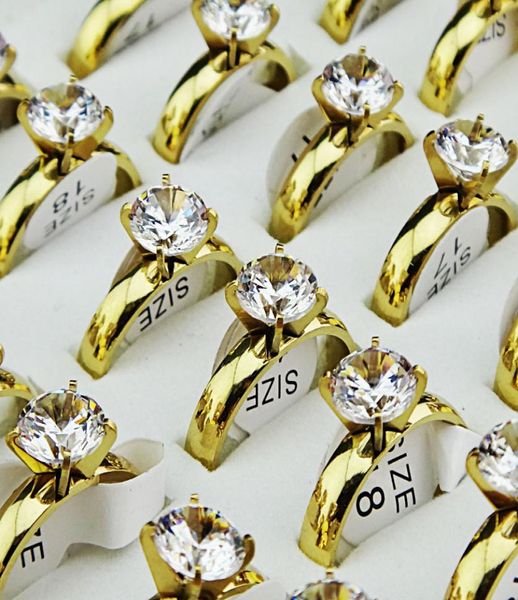 

genuine 10pcs never fade cubic zirconia 18k gold 316l stainless steel engagement wedding women men039s plain rings jewelry a0755179479, Golden;silver