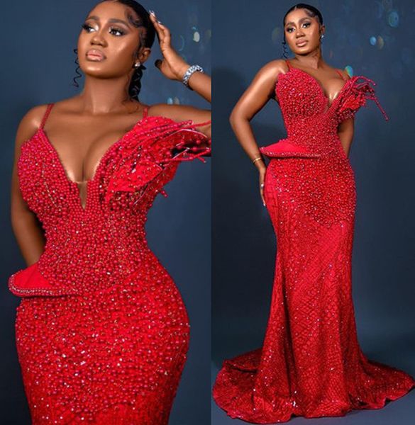 

2023 amvca aso ebi red mermaid prom dress pearls sequined lace evening formal party second reception birthday engagement gowns dress robe de, Black