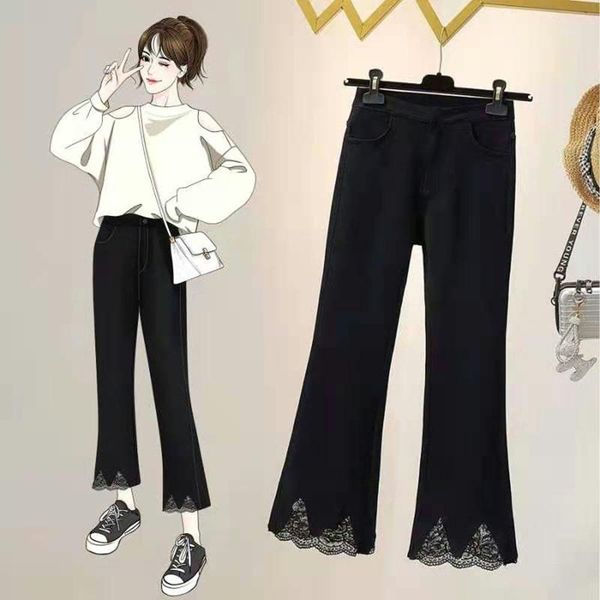 

jeans spring summer ladies temperament fashion lace splicing trumpet leg anklelength casual pants women stretch capris 4xl, Blue