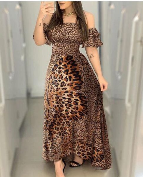 

dresses 1pcs/lot off shoulder dresses women lady ruffle leopard print flare long beach dress, Black;gray
