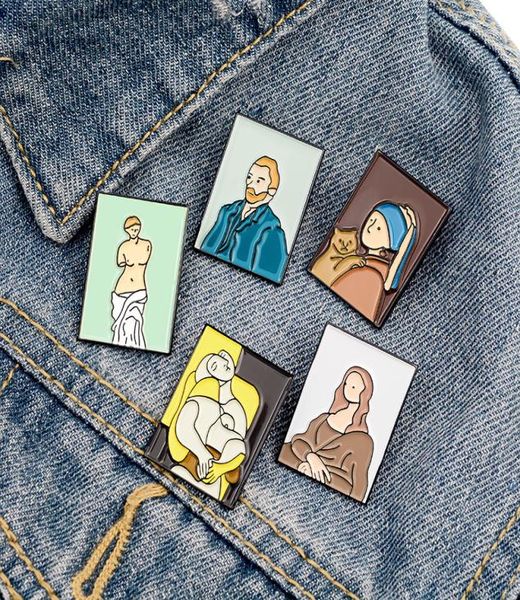 

abstract art oil painting brooch pins set enamel funny metal brooches for girls gift jewelry mona lisa badges venus denim shirt pi9119676, Blue