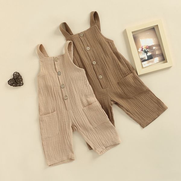 

rompers children baby girls boys solid color jumpsuit square collar sleeveless buttondown suspender trousers brown khaki 230522, Blue