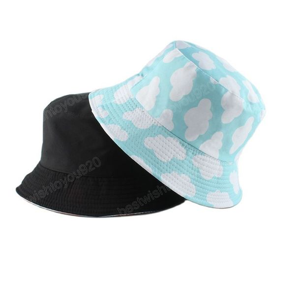 

summer sun hat reversible cloud print bucket hats for women men bob panama girls beach travel outdoor fisherman hat, Blue;gray