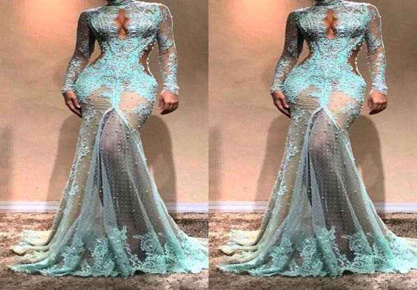 

high neck luxury full lace pearls mermaid evening dresses dubai see through illusion high split formal prom cutaway side celebrity8530884, Black;red