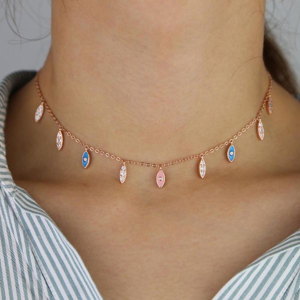 

necklaces rose gold color pastel white pink blue enamel evil eye charms choker necklace lucky cute lovely eye charm jewelry, Silver