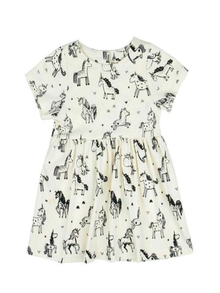 

children dress girl cartoon skirt round collar short sleeve waist button cardigan a sketch of a unicorn pinting 621717493, Red;yellow