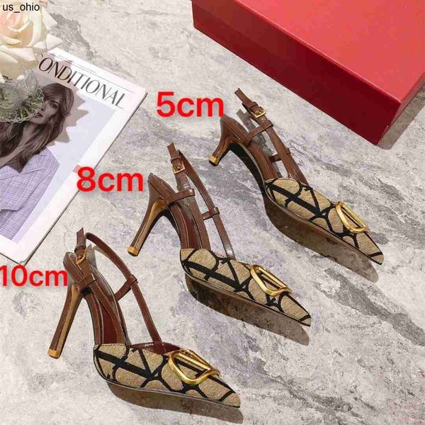 

sandals designer women sandals high heel shoes genuine leather metal v buckle 2023 summer new pointed toe thin heels 6cm 8cm 10cm single sho, Black