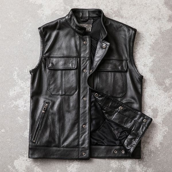 

men s vests motorcycle biker leather vest men genuine cow sleeveless jackets 100 real cowhide stand collar waistcoat outwear 230522, Black;white