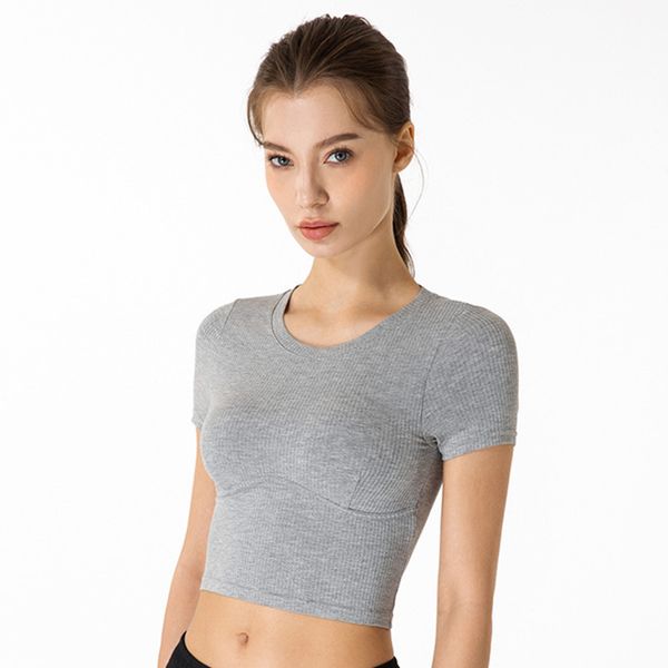 

Lu Women Yoga Outfit Short Sleeve Crew Neck Breathable Seamless Quick Dry Fintness Gym Short Crop Top Summer T Shirt DS-202, Black