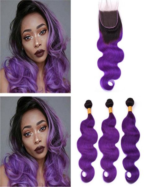 

ombre bundles with closure brazilian body wave 1b purple ombre weaves human hair 3 bundles with lace closure ombre purple hair ex6398573, Black