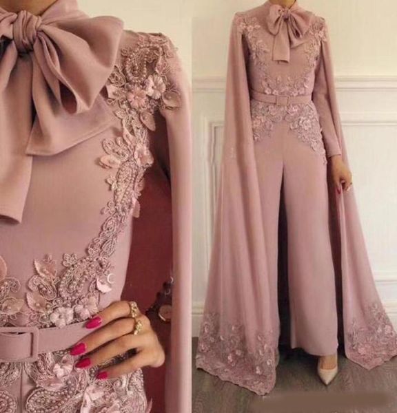 

elegant pink jumpsuits evening dresses with wrap long sleeves appliqued plus size prom dress beaded outfit formal party gowns cust4125522, Black;red