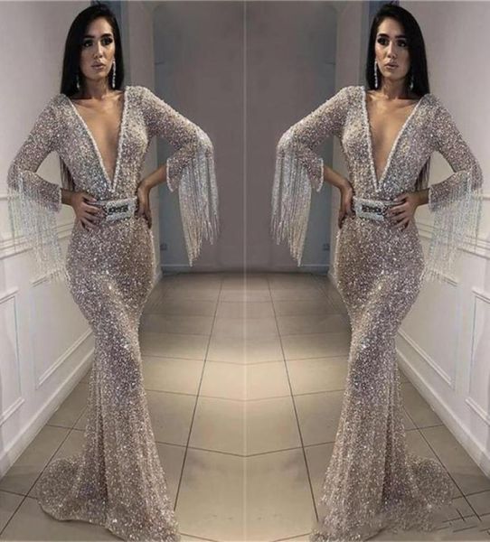 

sparkly silver prom dresses bling bling sequined mermaid evening gowns deep v neck long sleeves with tassel arabic formal party dr3669342, Black