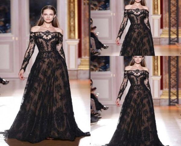 

2019 new off shoulder evening gowns aline sheer black lace applique long sleeves evening dress vestido de festa 20188217473, Black;red