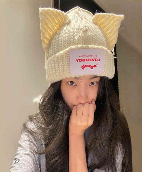 

winter homemade minority design loverboy cat ear wool couple hat cold female autumn and winter23433610804, Blue;gray