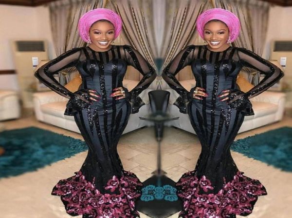 

aso ebi black prom dresses sheer long sleeves mermaid evening gowns with fuchsia sequined appliques south african women formal wea9220929