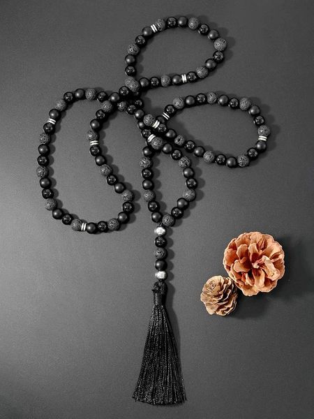 

necklaces oaiite 8mm onyx and lava stone beads necklace ethnic bohemia 108 mala bead yoga meditation necklace for women, Silver