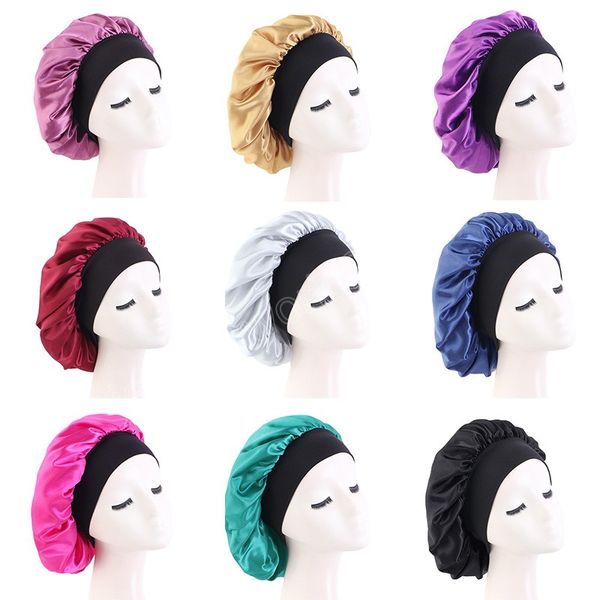 

black wide elastic band satin sleep night chemo cap solid color hair care bonnet nightcap for women men unisex, Blue;gray