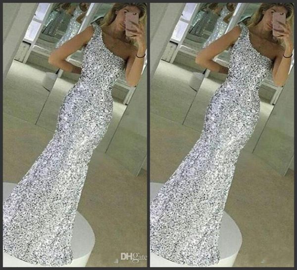

2021 new sparkle bling silver prom dresses sequins long mermaid sleeveless one shoulder floor length formal evening dress party go1236176, Black