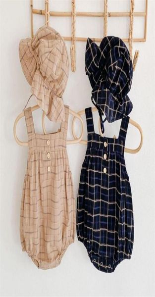 

infant baby girls boys bodysuits plaid print sleeveless autumn casual toddler jumpsuits with hat kids overalls outfits 2012166327044, Blue