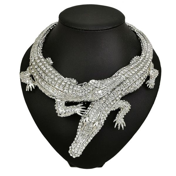 

necklaces heavy chunky alloy exaggerated punk full rhinestone crocodile necklace for women fashion trend statement necklace collar bijoux, Silver
