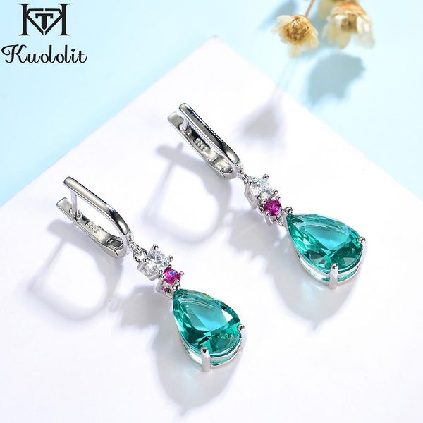 

stud kuololit 925 sterling silver water drop earrings for women emerald tourmaline gemstone long dangle earrings trendy fine jewelry, Golden;silver