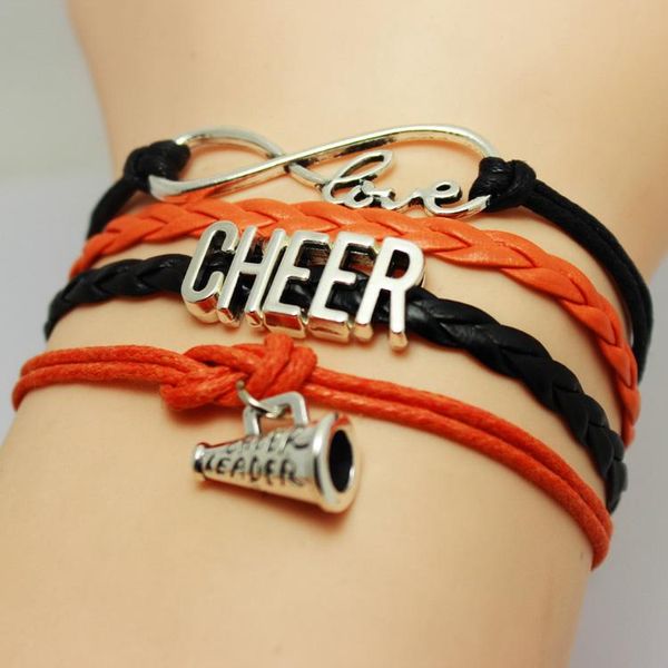 

bangle 10pc/lot infinity love heart megaphone cheer mom leader cheering squad team charm girls leather wrap bracelets women men jewelry, Black
