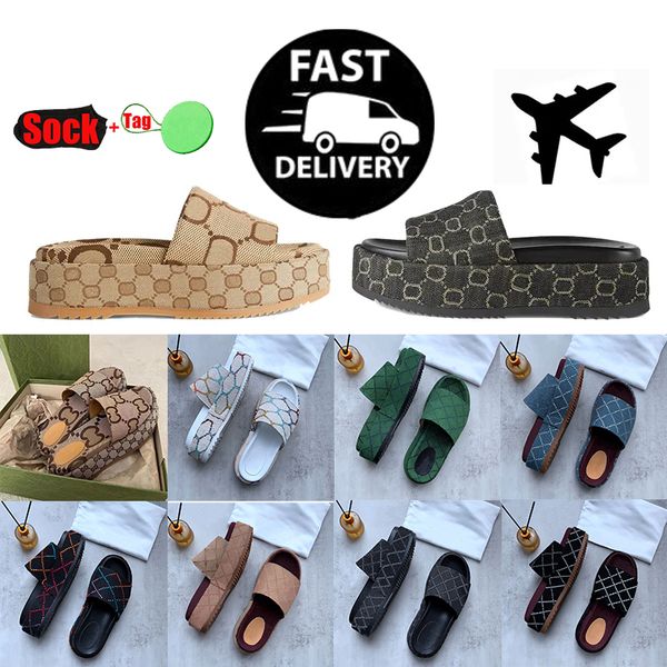 

womens fashion slippers embroidered canvas designer slides slip on slipper girls 60mm slipper covered platform sandals size 35-45, Black