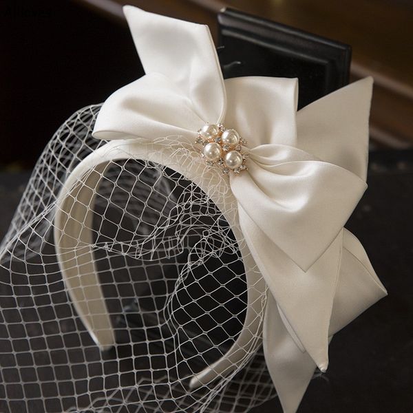 

bowknot pearls satin bridal headpieces hairband for wedding with mesh chic women formal prom headdress cover face birdcage veil bride hair a, Silver