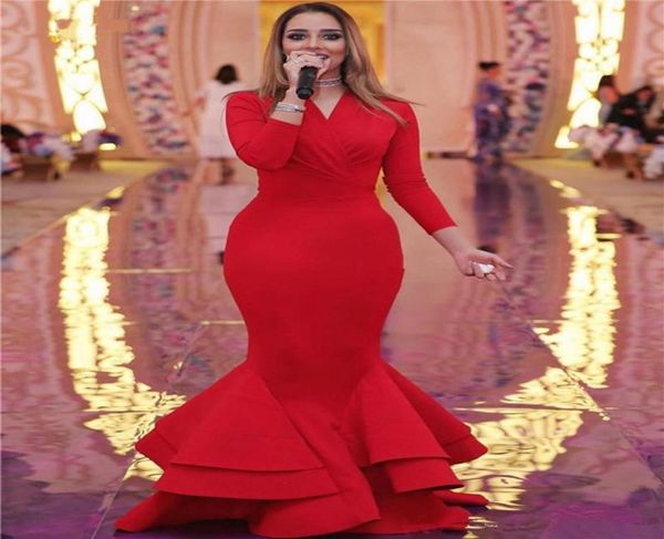 

elegant celebrity red long sleeve evening gowns v neck ruched buttons zipper back ruffles mermiad prom dresses2964742, Black;red