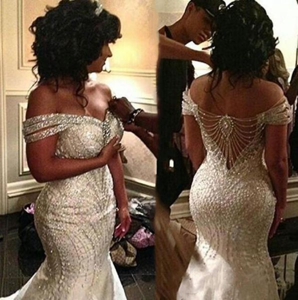 

2021 mermaid organza beading backless sequin off shoulder gowns sweep train wedding dresses custom made bridal vestidos7151839, White