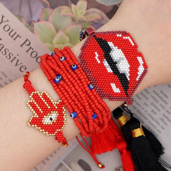 

bangle go2boho lip bracelet women miyuki glass beads bracelets turkish eye pulseras hamsa hand adjustable handmade tassel jewelry, Black